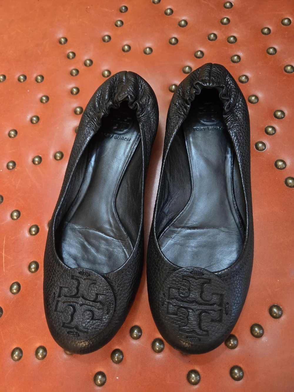 Tory Burch Black Leather Logo Ballet Flats